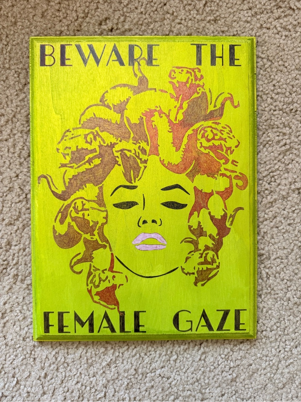 Beware the Female Gaze Wall Art - Neon Yellow Medusa Print